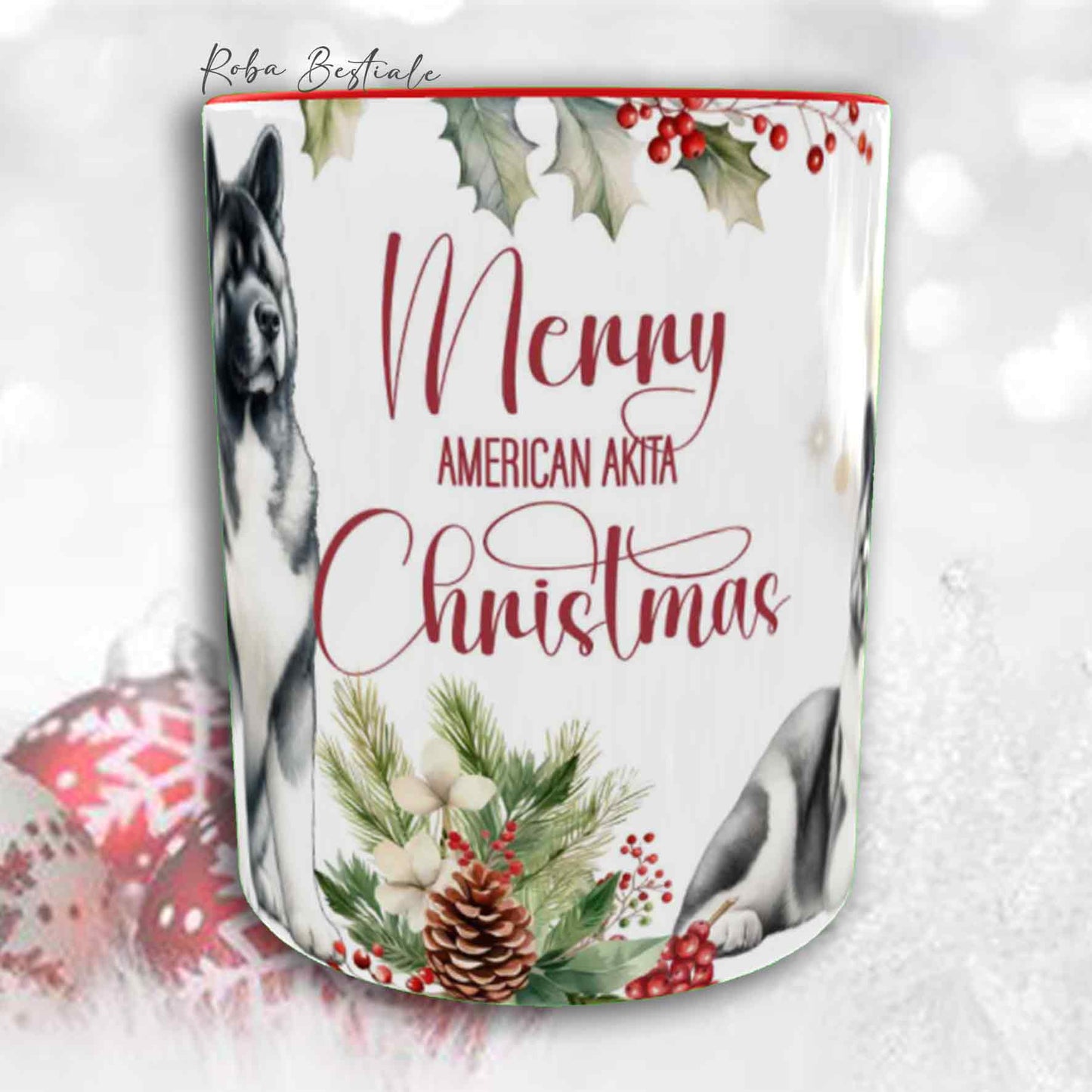 Tazza VINTAGE WINTER - AKITA AMERICANO Bianco e Grigio - In Ceramica, con dettagli ROSSI - 330 ml