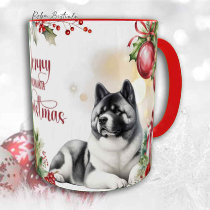 Tazza VINTAGE WINTER - AKITA AMERICANO Bianco e Grigio - In Ceramica, con dettagli ROSSI - 330 ml
