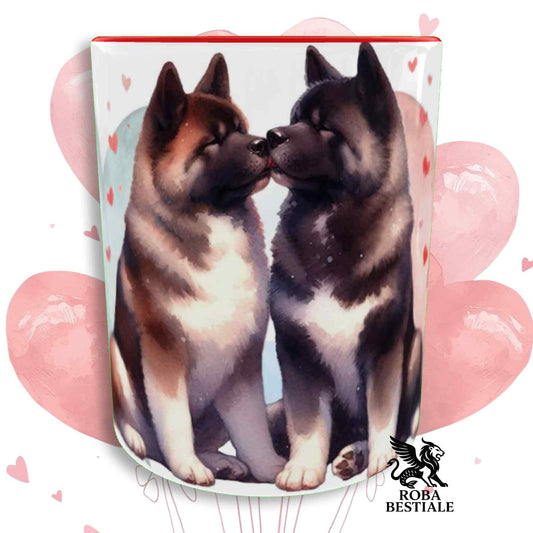 Tazza LOVE ME - AKITA AMERICANO Bianco e Marrone - In Ceramica, con dettagli Rossi - 330 ml