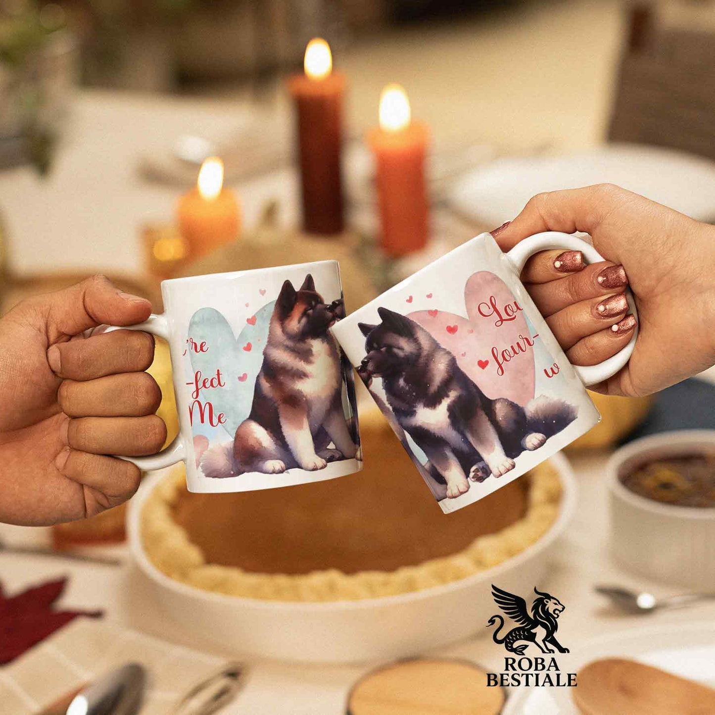 Tazza LOVE ME - AKITA AMERICANO Bianco e Marrone - In Ceramica, con dettagli Rossi - 330 ml