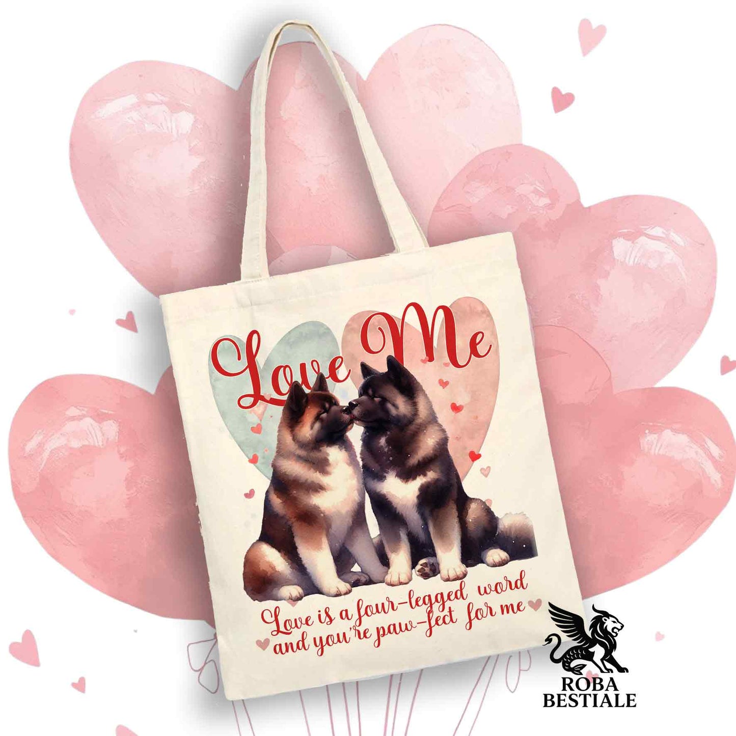 Tote Bag LOVE ME - AKITA AMERICANO Bianco e Marrone - 100% Cotone - Bianca o Beige