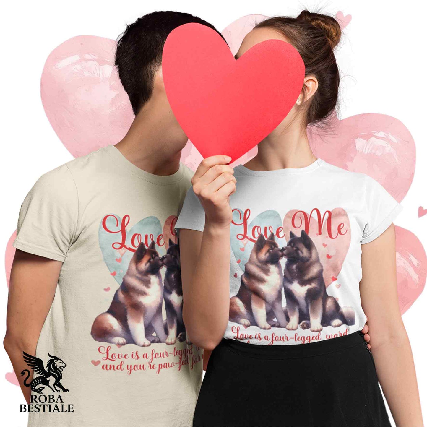 T-shirt LOVE ME - AKITA AMERICANO Bianco e Marrone - Bianca o Beige, Uomo o Donna - dalla XS alla 5XL