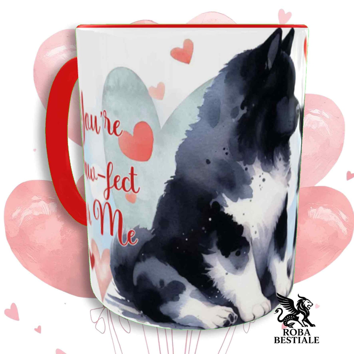 Tazza LOVE ME - AKITA AMERICANO Bianco e Nero - In Ceramica, con dettagli Rossi - 330 ml