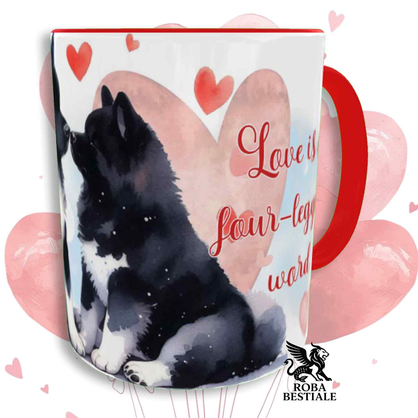 Tazza LOVE ME - AKITA AMERICANO Bianco e Nero - In Ceramica, con dettagli Rossi - 330 ml