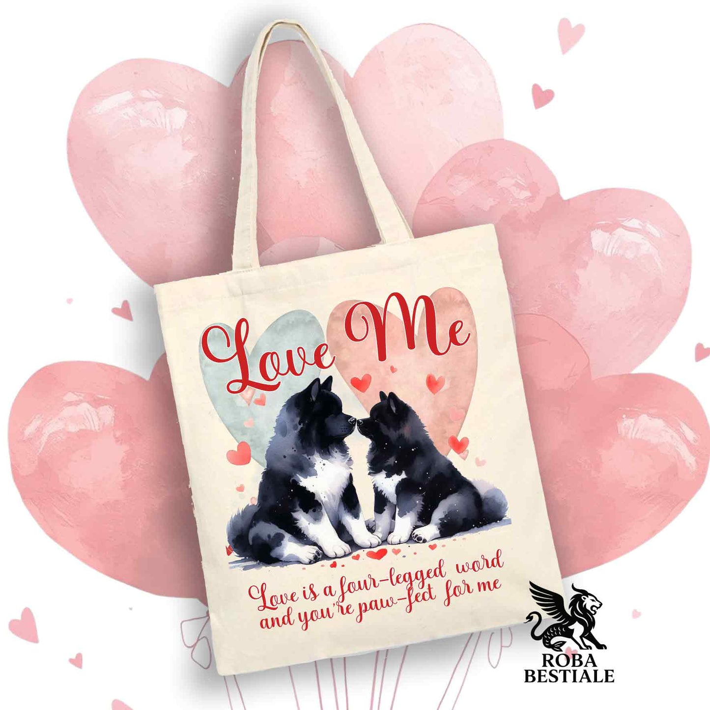 Tote Bag LOVE ME - AKITA AMERICANO Bianco e Nero - 100% Cotone - Bianca o Beige