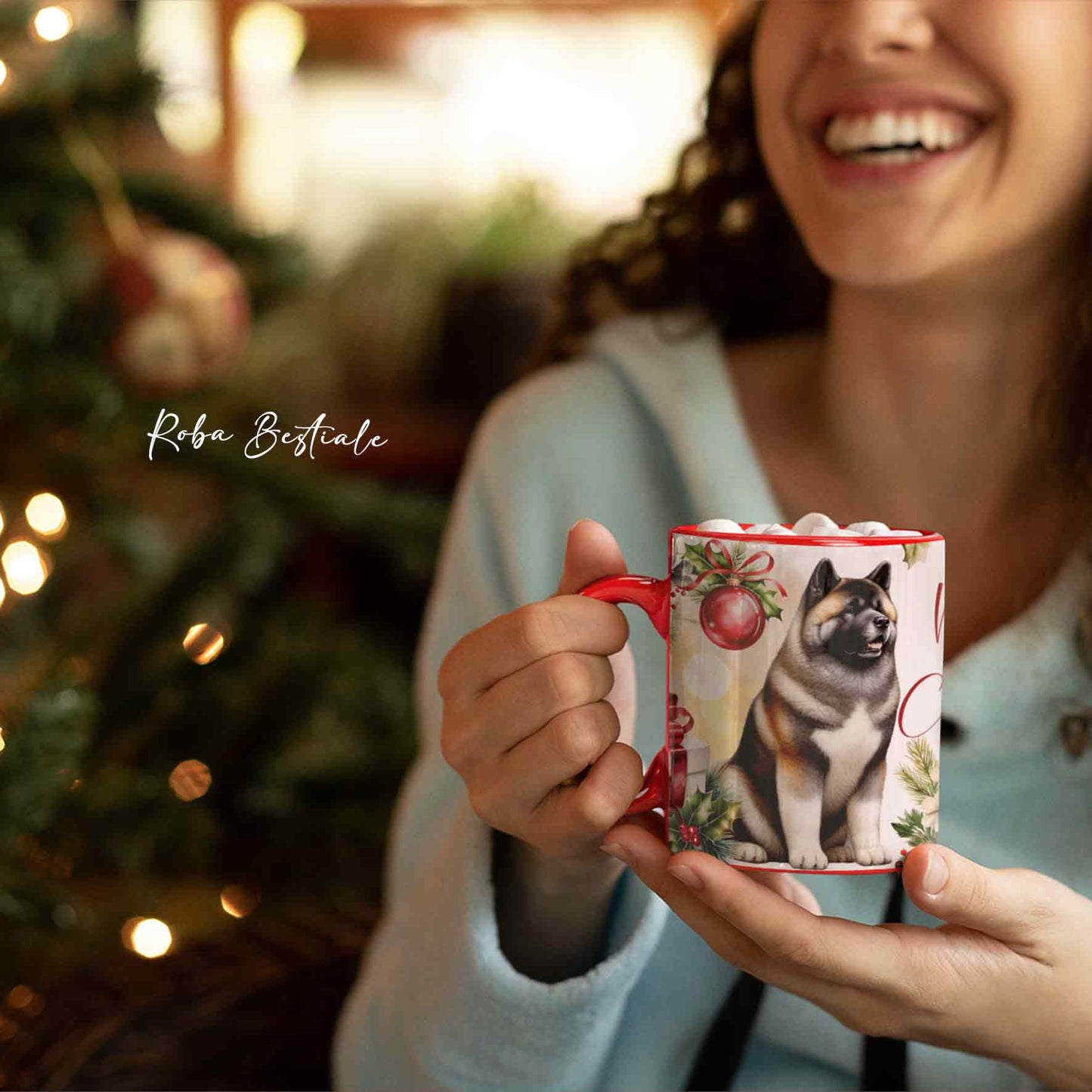 Tazza VINTAGE WINTER - AKITA AMERICANO Fulvo - In Ceramica, con dettagli ROSSI - 330 ml