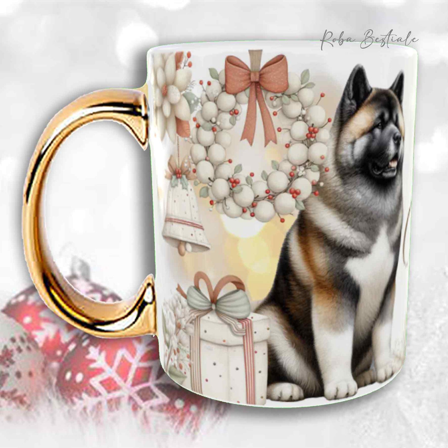 Tazza COZY WINTER - AKITA AMERICANO Fulvo - In Ceramica, con manico color Oro - 330 ml