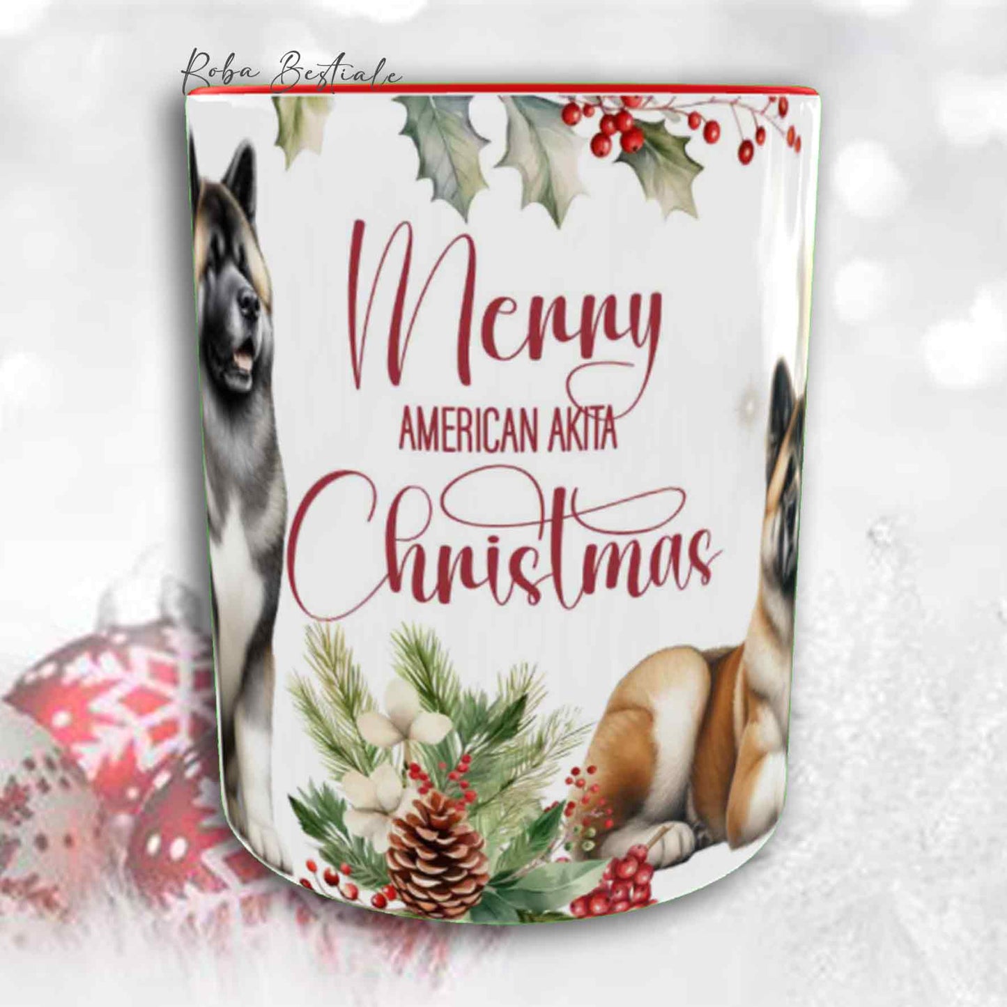 Tazza VINTAGE WINTER - AKITA AMERICANO Fulvo - In Ceramica, con dettagli ROSSI - 330 ml