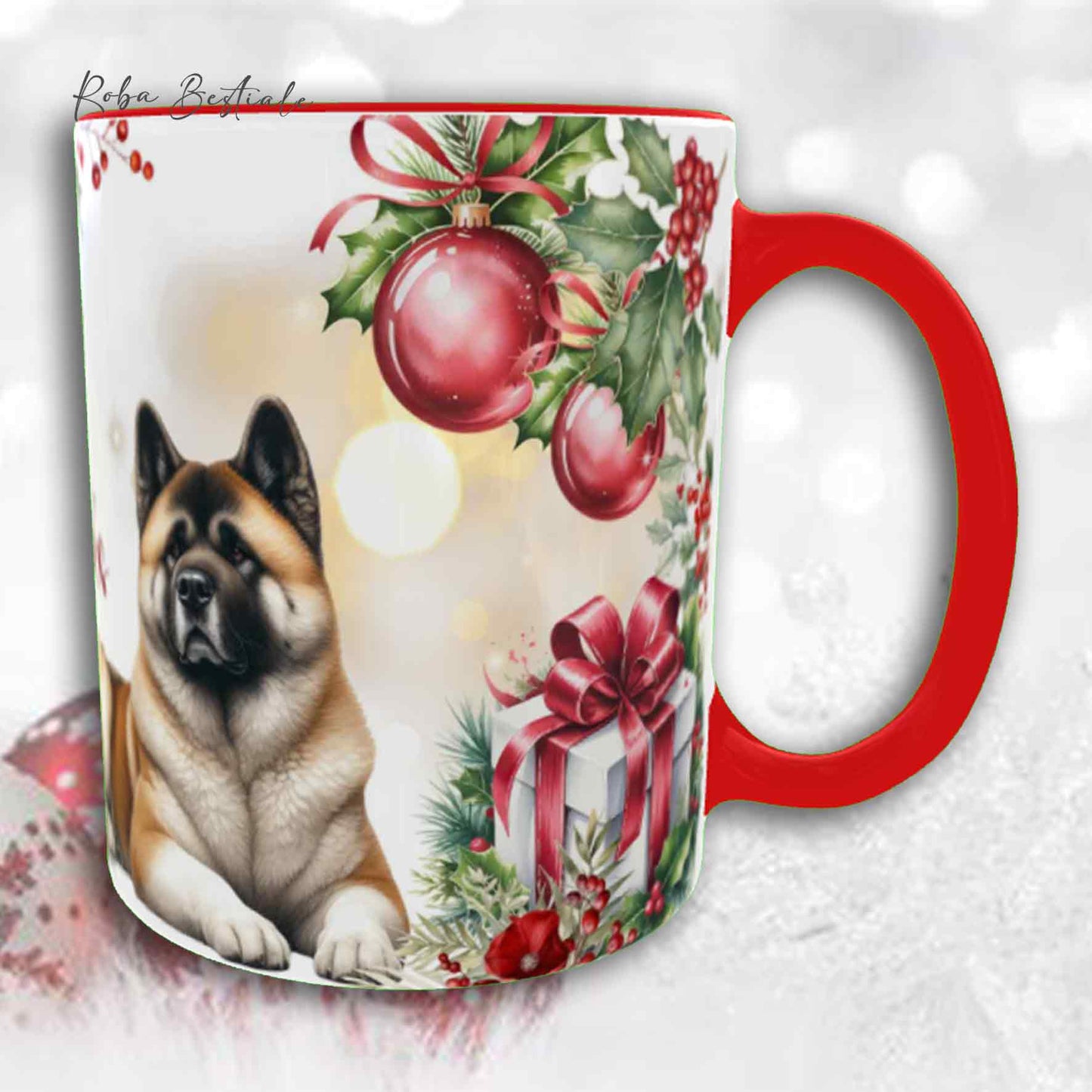 Tazza VINTAGE WINTER - AKITA AMERICANO Fulvo - In Ceramica, con dettagli ROSSI - 330 ml