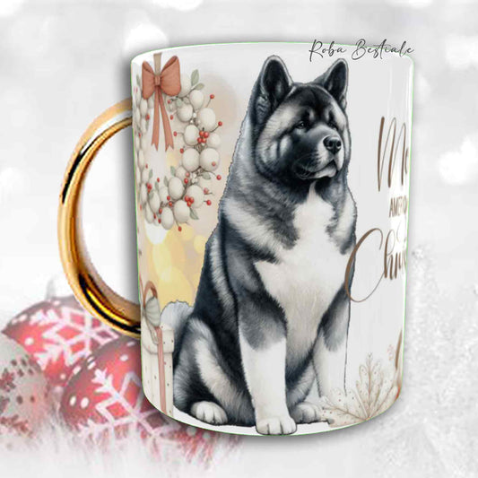 Tazza COZY WINTER - AKITA AMERICANO Bianco e Grigio - In Ceramica, con manico color Oro - 330 ml