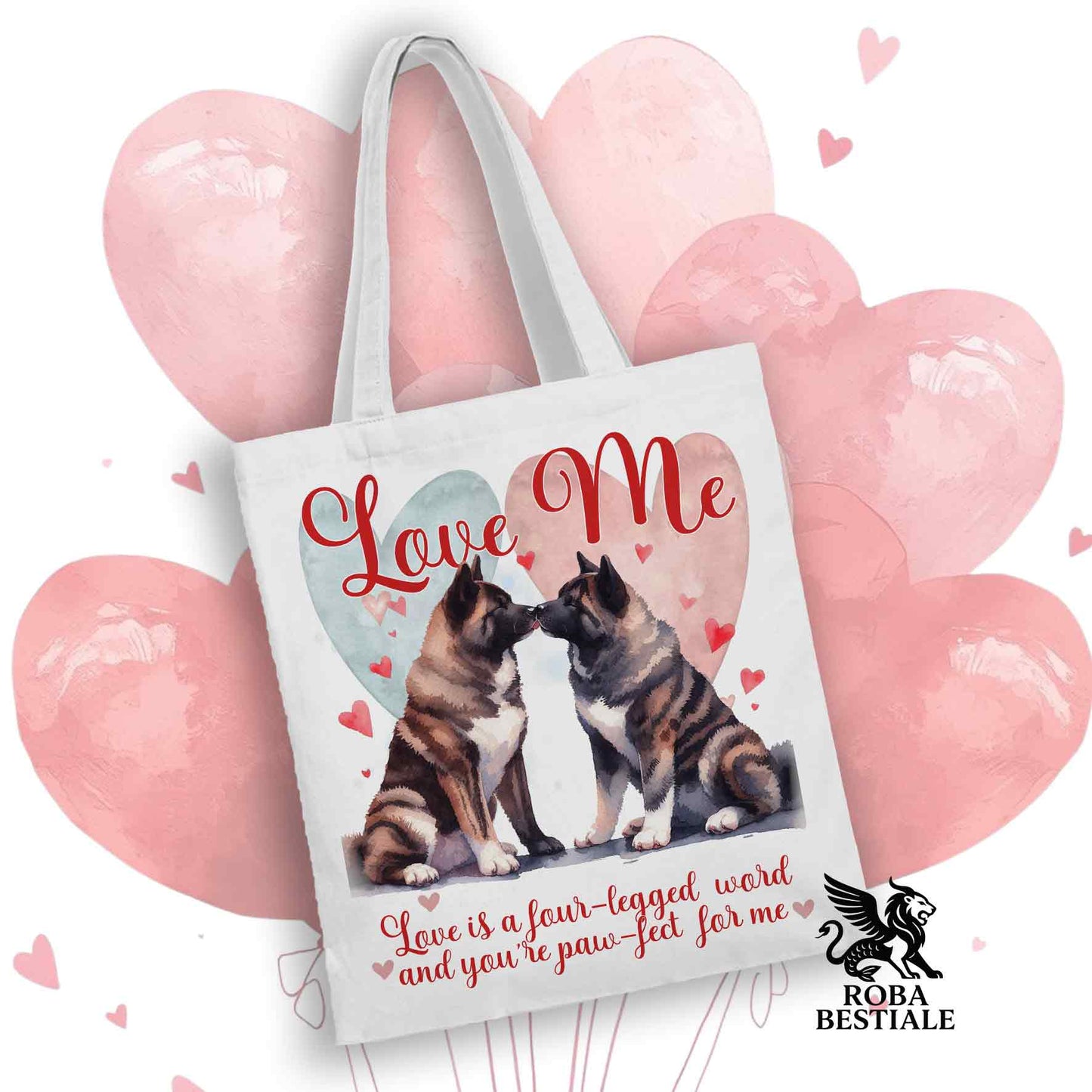 Tote Bag LOVE ME - AKITA AMERICANO Tigrato - 100% Cotone - Bianca o Beige