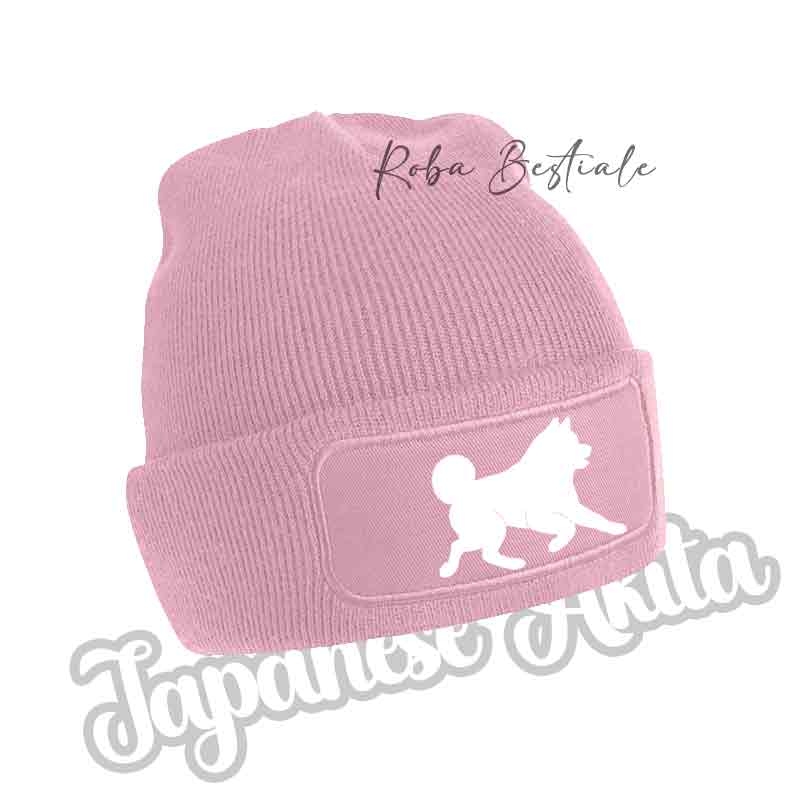 Cappellino invernale rosa chiaro a coste con patch cane bianco