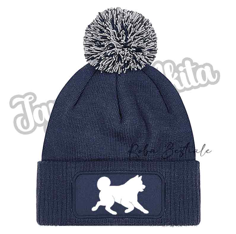 Cappellino invernale blu navy con pon pon argento e patch cane bianco