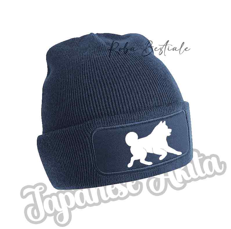 Cappellino invernale blu navy a coste con patch cane bianco