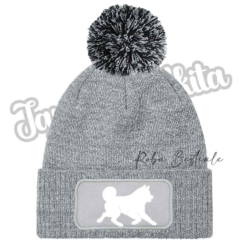 Cappellino invernale grigio con pon pon nero e patch cane bianco