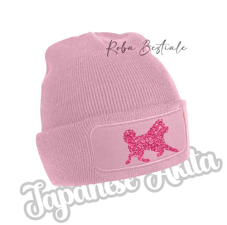 Cappellino invernale rosa chiaro a coste con patch cane rosa glitter