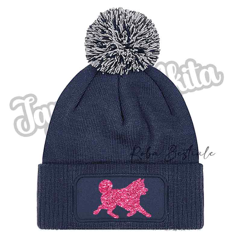 Cappellino invernale blu navy con pon pon argento e patch cane rosa glitter