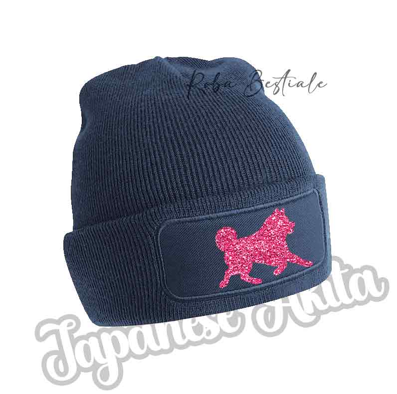 Cappellino invernale blu navy a coste con patch cane rosa glitter