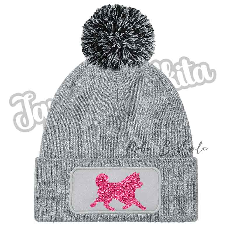 Cappellino invernale grigio con pon pon e patch cane rosa glitterata