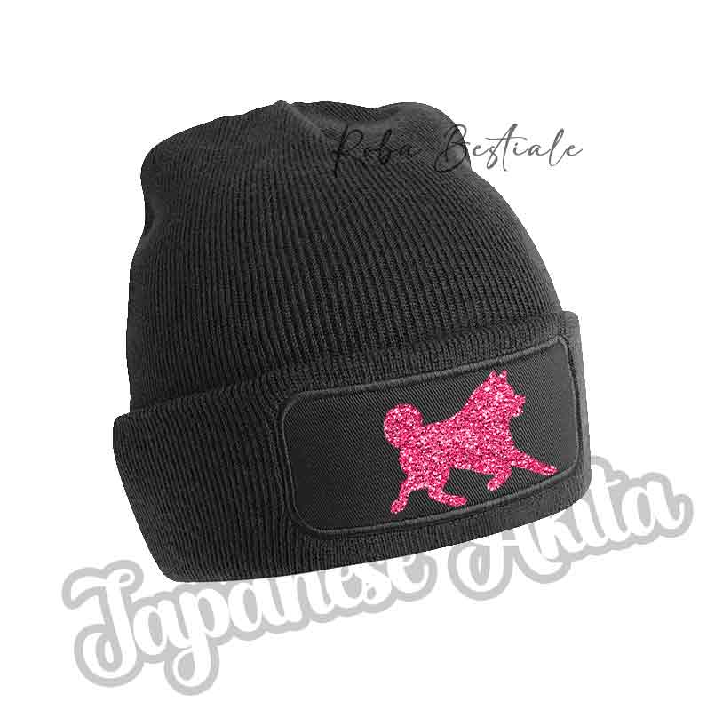 Cappellino invernale nero a coste con patch cane rosa glitter