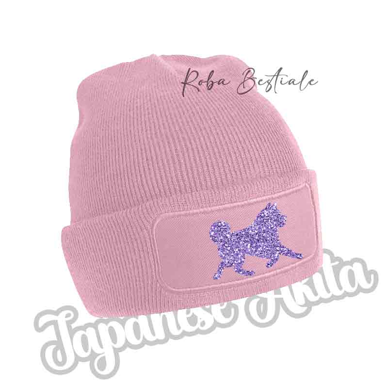 Cappellino invernale rosa chiaro a coste con patch cane lilla glitter