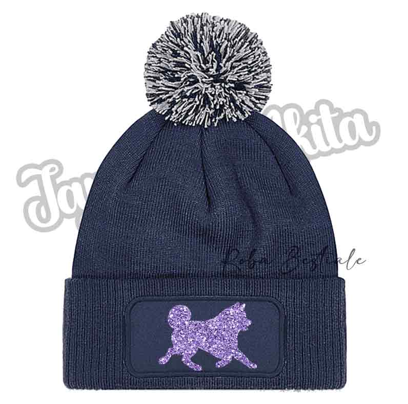 Cappellino invernale blu navy con pon pon e patch cane viola glitterata