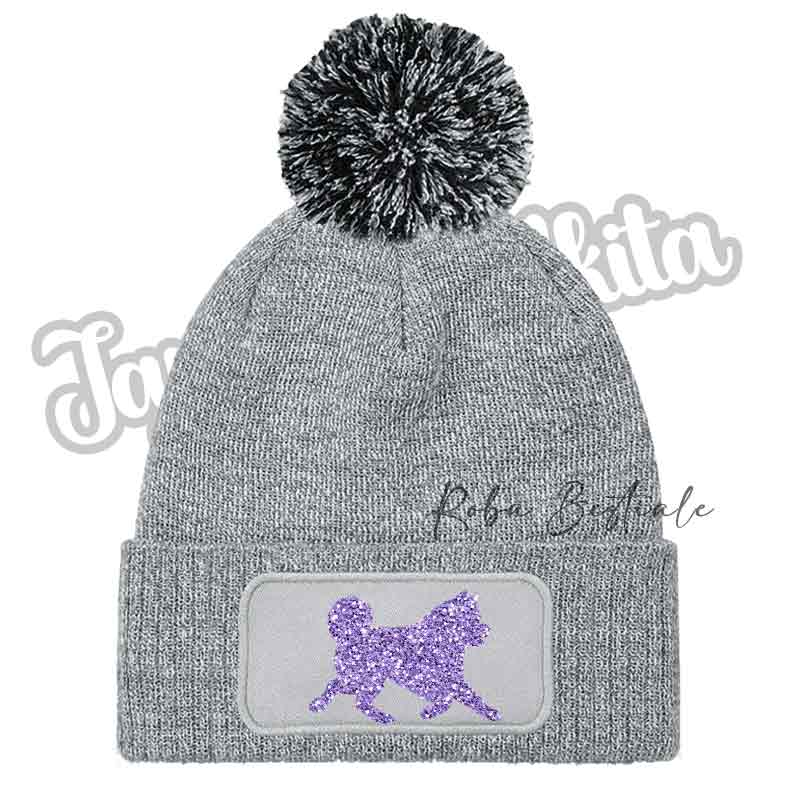 Cappellino invernale grigio con pon pon e patch cane viola glitterata