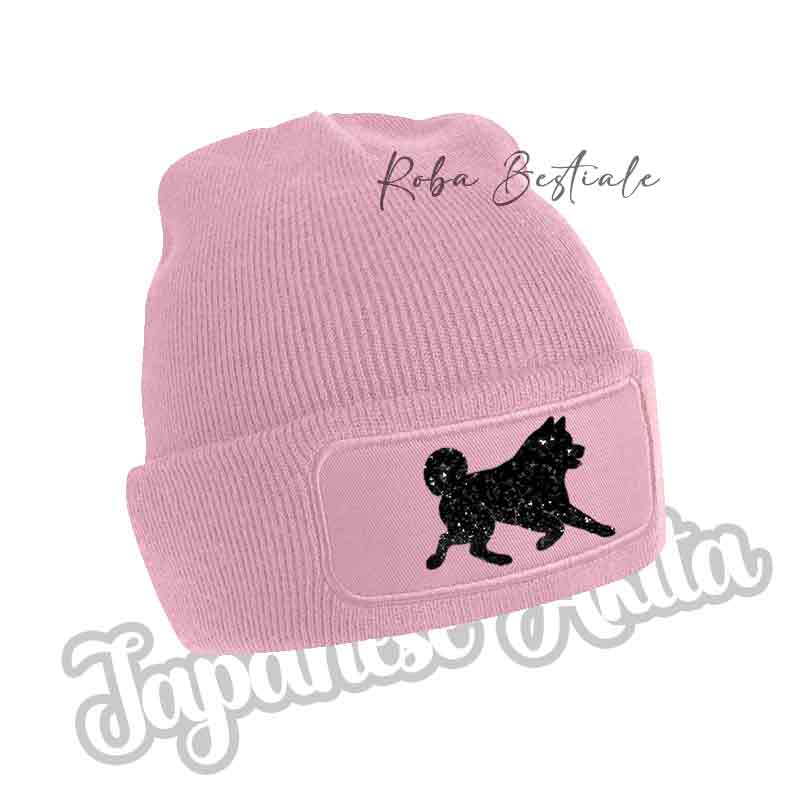 Cappellino invernale in maglia rosa con applicazione cane nero glitter