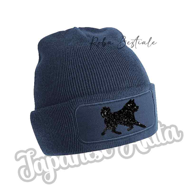 Cappellino invernale in maglia blu navy con applicazione cane nero glitter