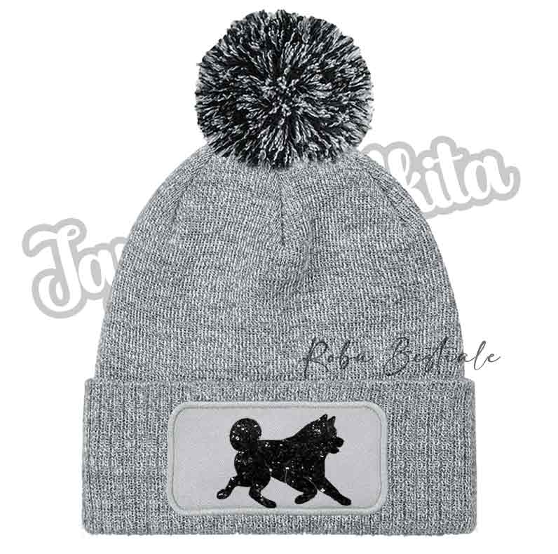 Cappellino invernale grigio con pon pon e patch cane nero