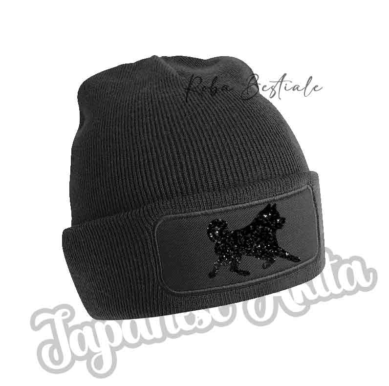 Cappellino invernale in maglia nera con applicazione cane nero glitter