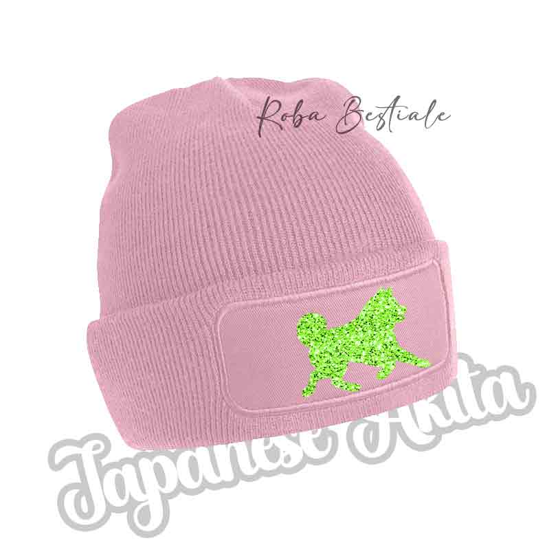 Cappellino invernale a coste rosa con applicazione cane verde lime