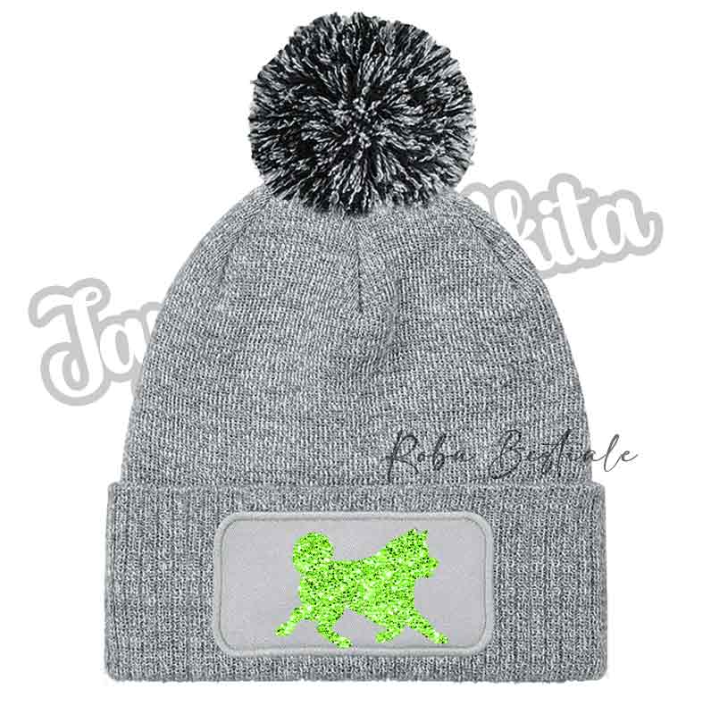 Cappellino invernale grigio con pon pon e patch cane verde lime glitterata