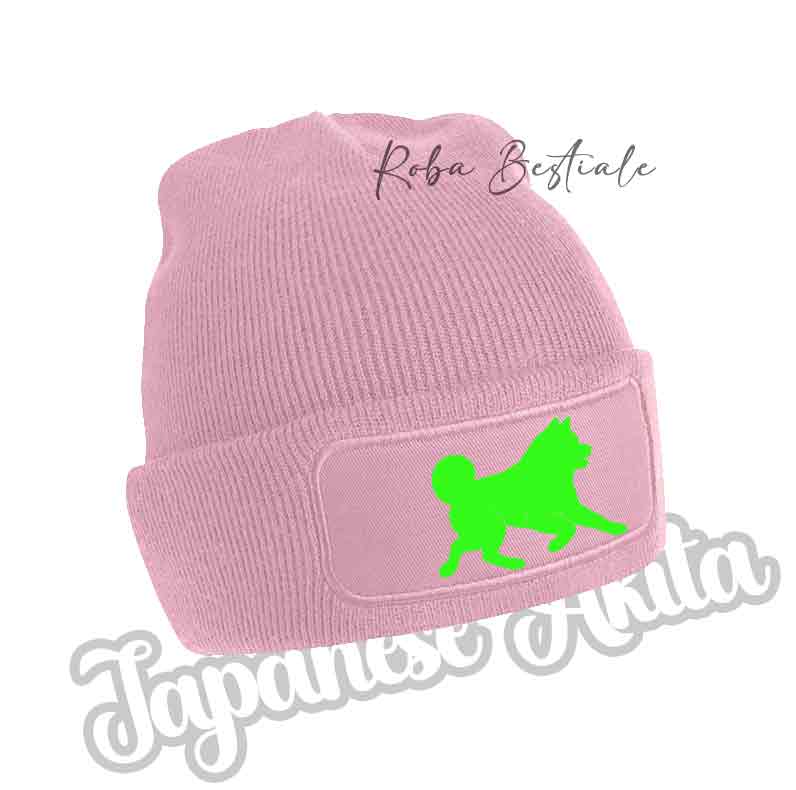 Cappellino invernale in maglia rosa con applicazione cane verde lime sul fondo