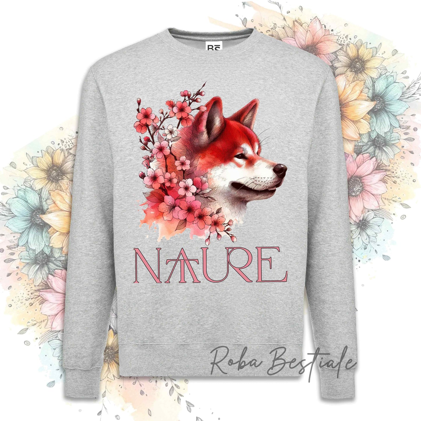 Felpa NATURE - AKITA INU Rosso - Girocollo, Unisex - Off White, Bianca o Grigia - dalla XS alla 3XL