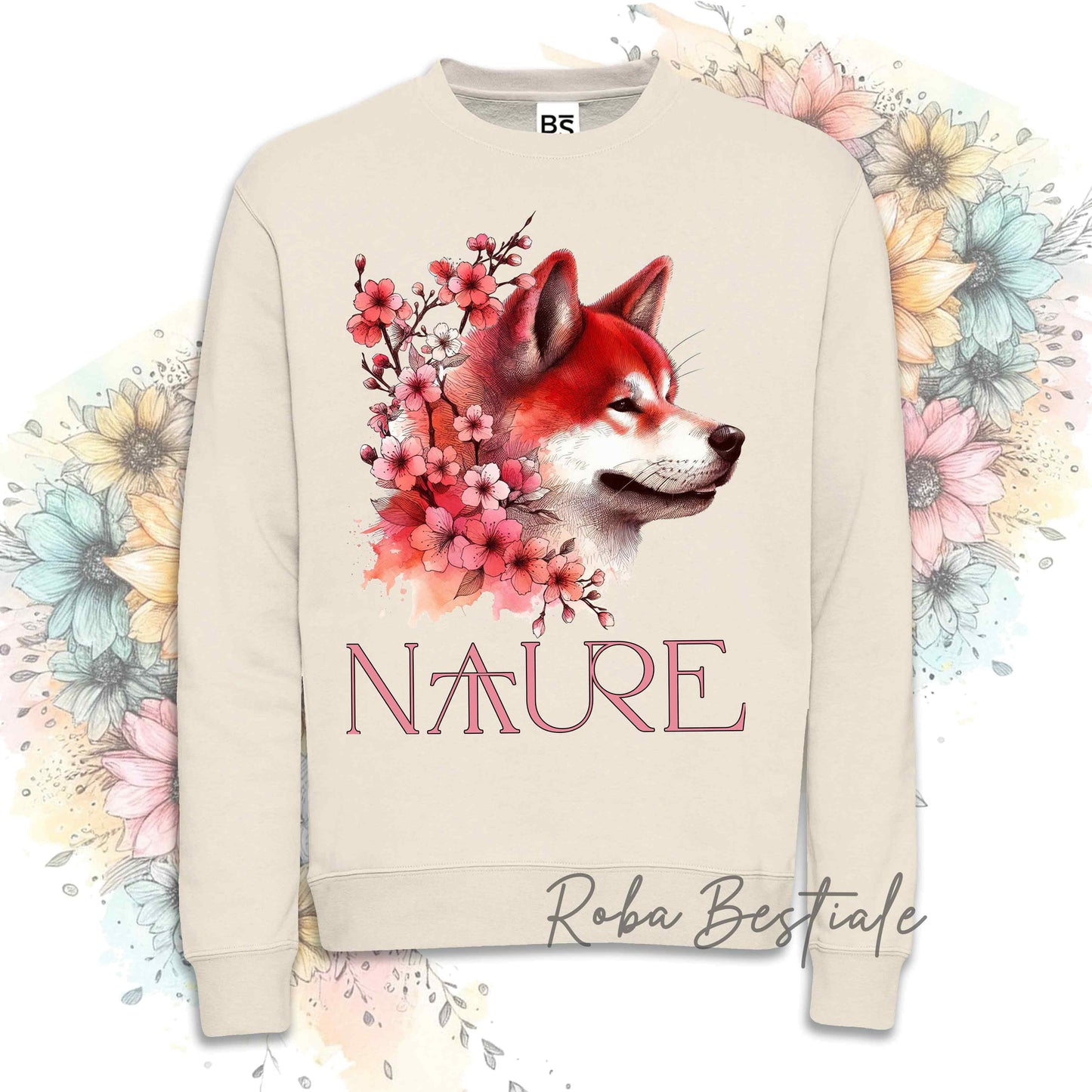 Felpa NATURE - AKITA INU Rosso - Girocollo, Unisex - Off White, Bianca o Grigia - dalla XS alla 3XL