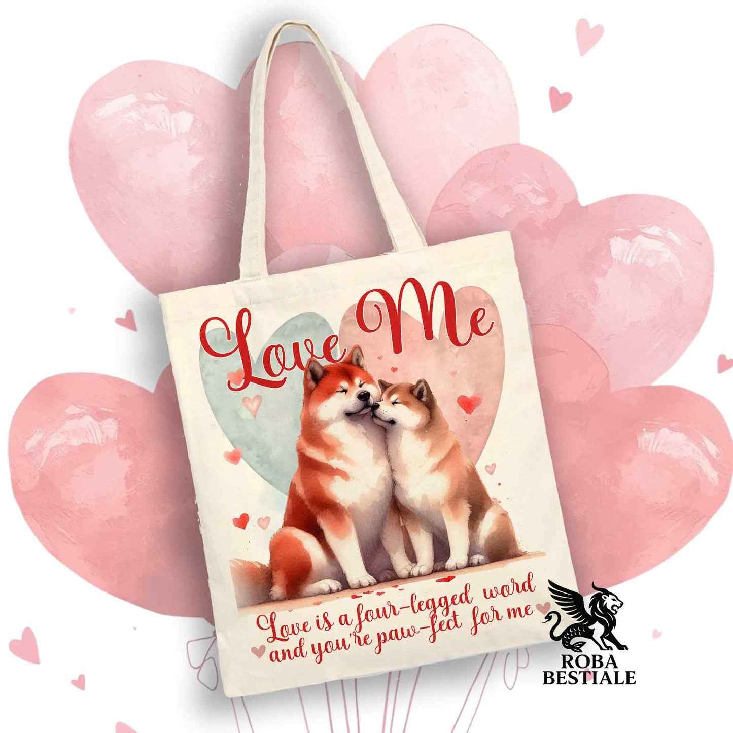 Tote Bag LOVE ME - AKITA INU Rosso - 100% Cotone - Bianca o Beige