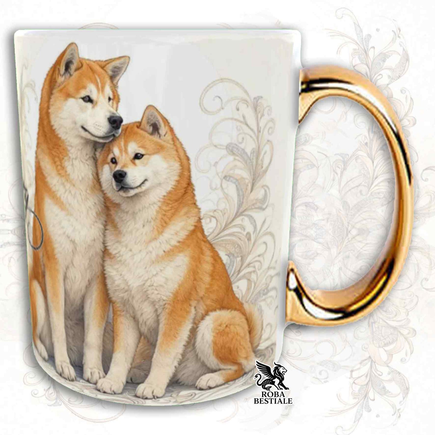 NOBILITY Mug - AKITA INU Red - GOLD Handle - 330 ml - Ceramic