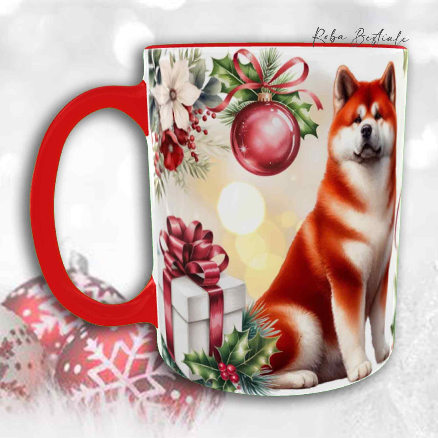 Tazza VINTAGE WINTER - AKITA INU Rosso - In Ceramica, con dettagli Rossi - 330 ml