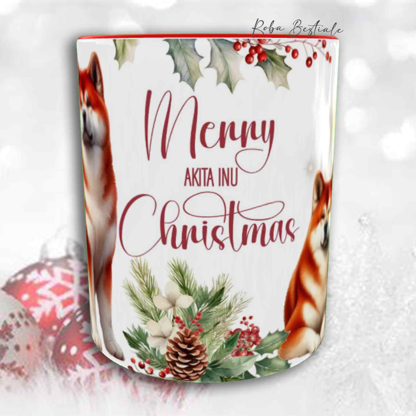 Tazza VINTAGE WINTER - AKITA INU Rosso - In Ceramica, con dettagli Rossi - 330 ml