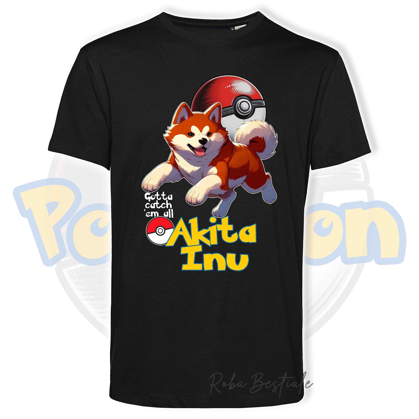 T-Shirt POKEMON - AKITA INU Rosso - Uomo o Donna - Bianca, Nera o Beige - dalla XS alla 5XL