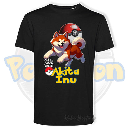 T-Shirt POKEMON - AKITA INU Rosso - Uomo o Donna - Bianca, Nera o Beige - dalla XS alla 5XL