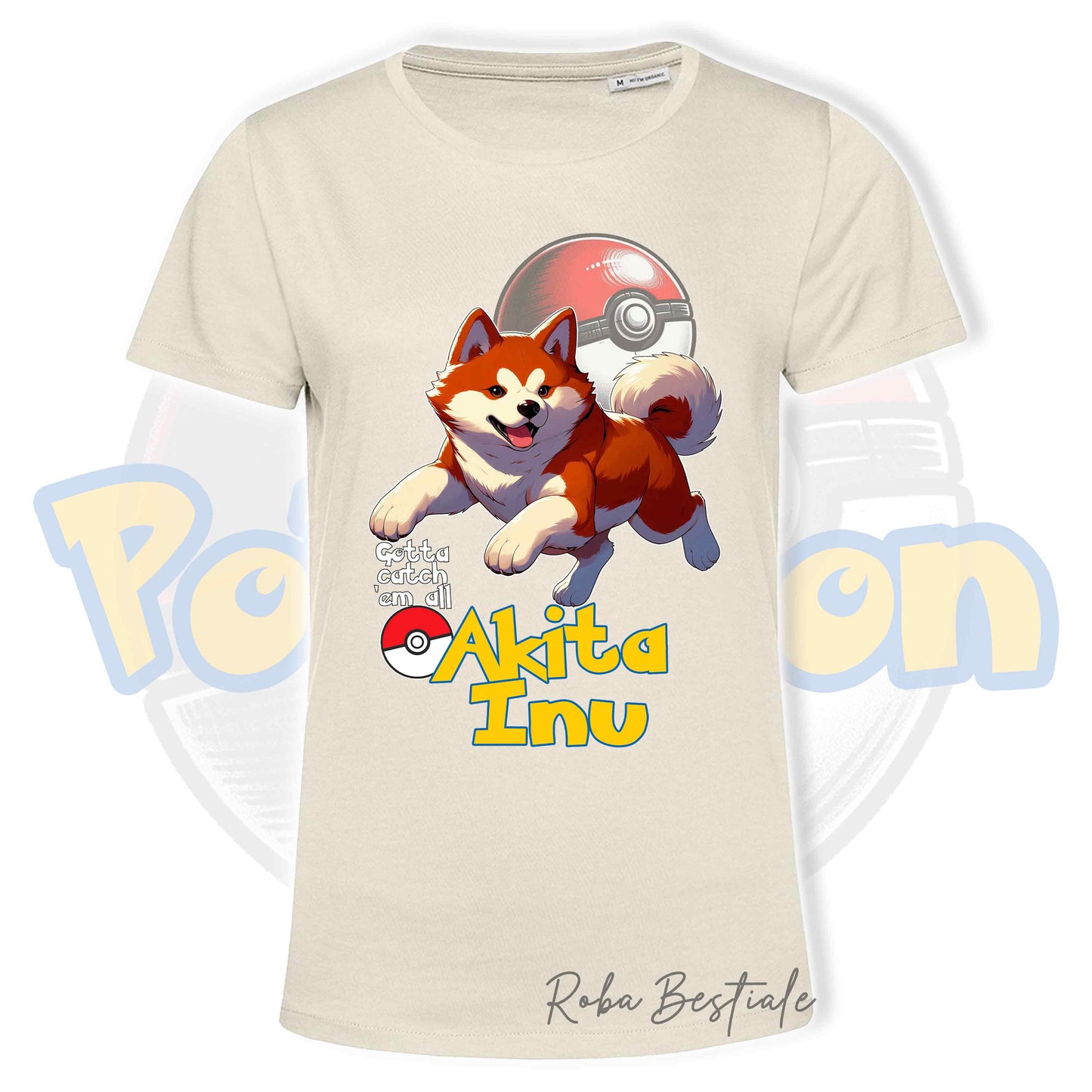 T-Shirt POKEMON - AKITA INU Rosso - Uomo o Donna - Bianca, Nera o Beige - dalla XS alla 5XL