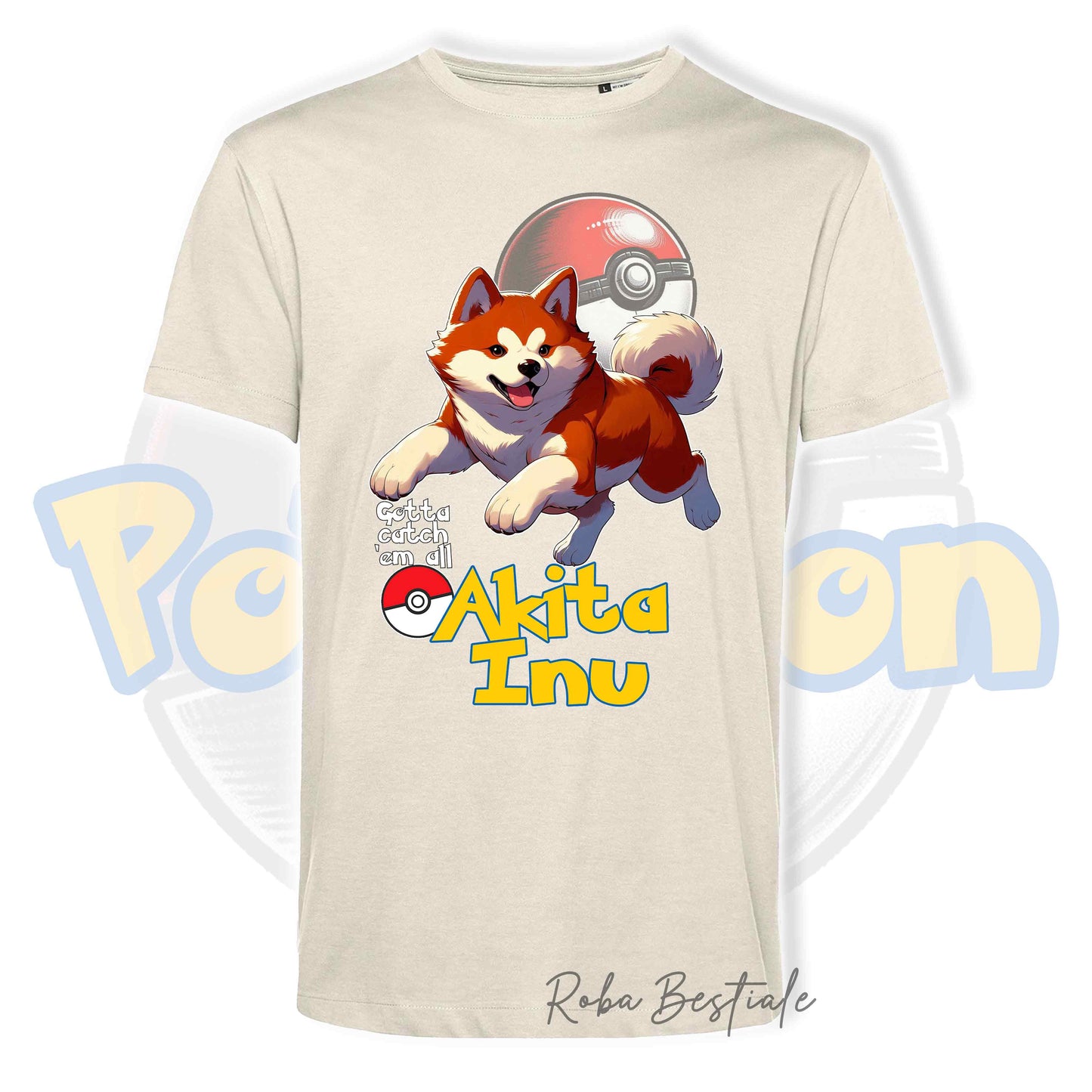 T-Shirt POKEMON - AKITA INU Rosso - Uomo o Donna - Bianca, Nera o Beige - dalla XS alla 5XL