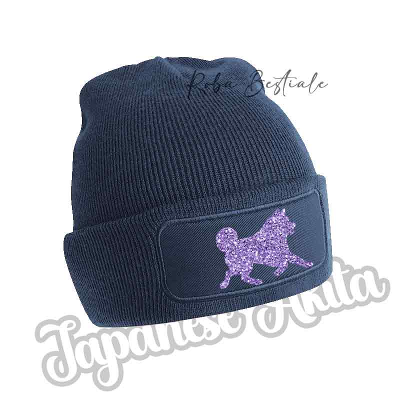 Cappellino invernale blu navy con patch cane glitter lilla