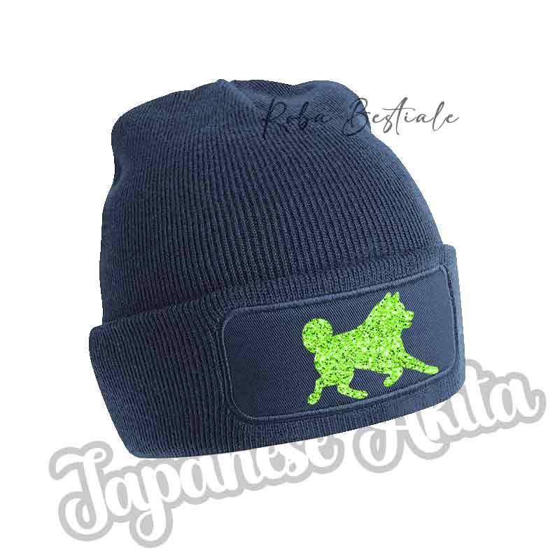 Cappellino invernale blu navy con patch cane verde lime