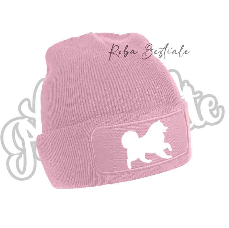 Cappellino invernale rosa baby con patch cane silhouette bianca