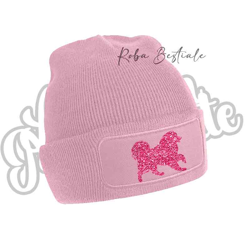 Cappellino invernale rosa baby con patch cane glitter rosa