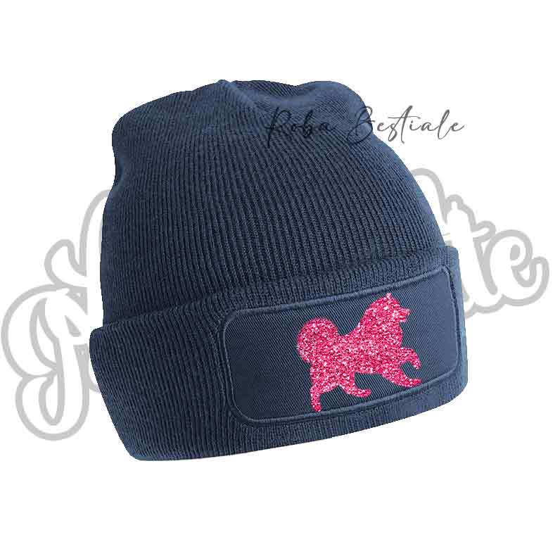 Cappellino invernale blu navy con applicazione cane glitter rosa