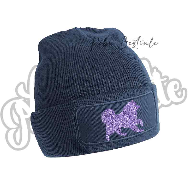 Cappellino invernale blu navy con applicazione cane glitter viola